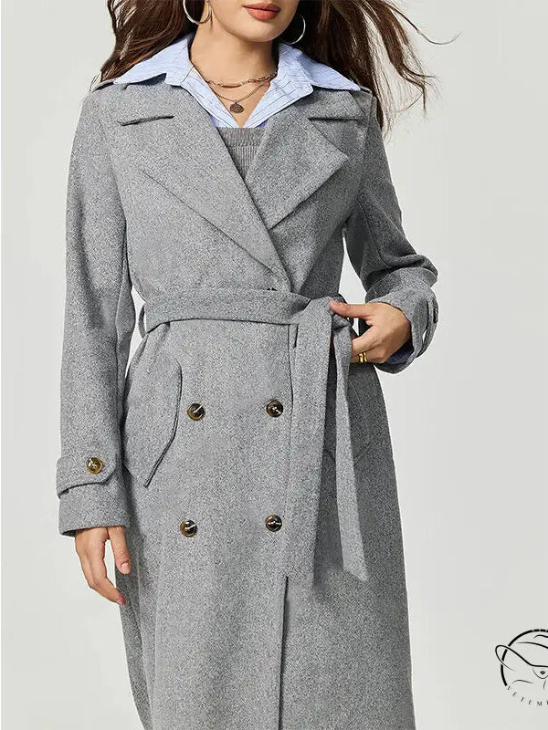 Grey wool trench coat with double-breasted buttons and belt detail in Langry fashion ملابس