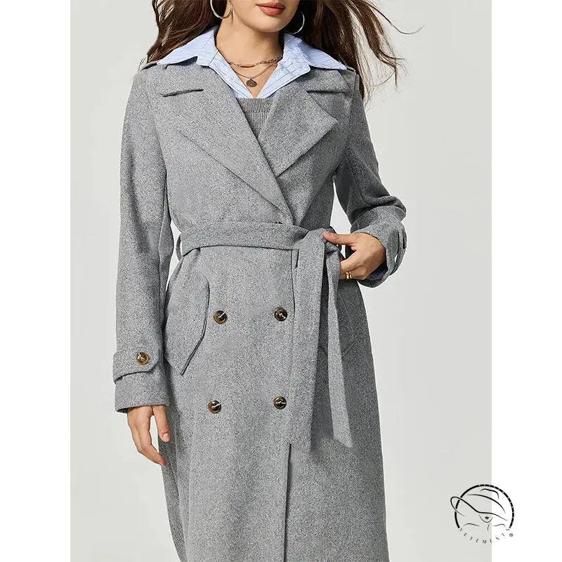 Grey wool trench coat with double-breasted buttons and belt detail in Langry fashion ملابس