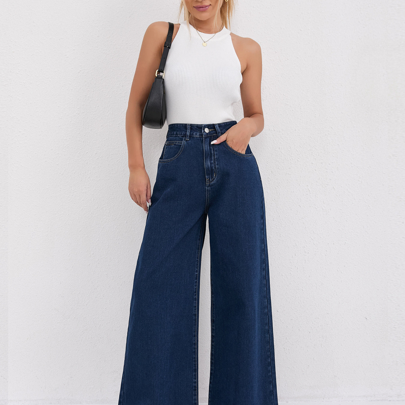 Wide leg dark blue denim jeans with high waist for stylish langry fashion looks