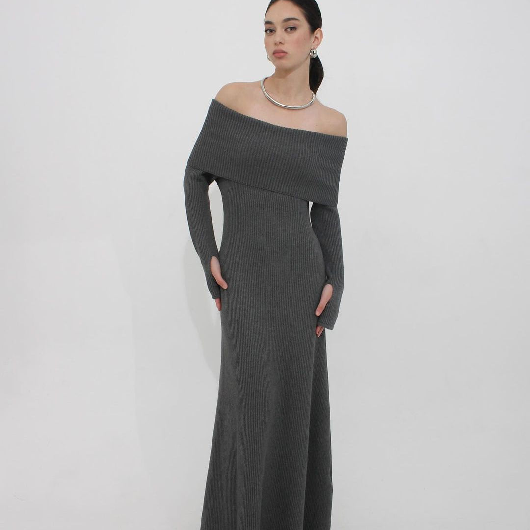 Elegant off shoulder formal dress in gray knit, perfect for fashion and ملابس occasions