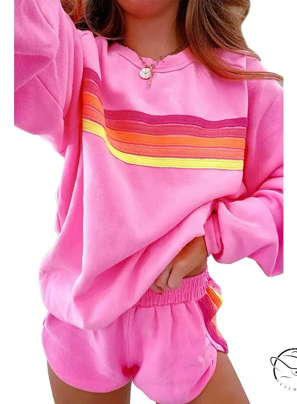 Pink loose slim fit casual two piece sweatshirt and shorts set with retro rainbow stripes