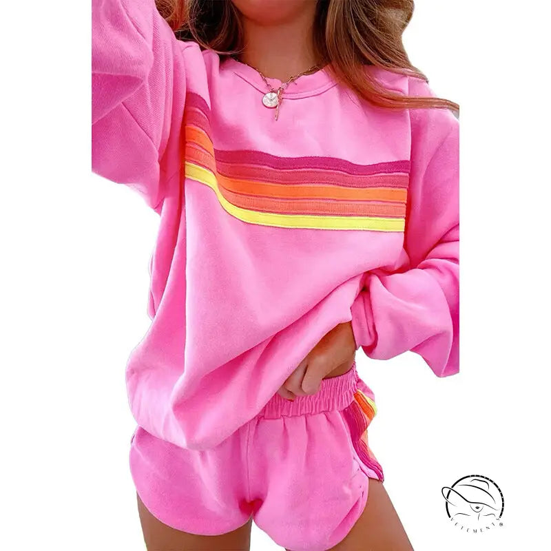 Pink loose slim fit casual two piece sweatshirt and shorts set with retro rainbow stripes