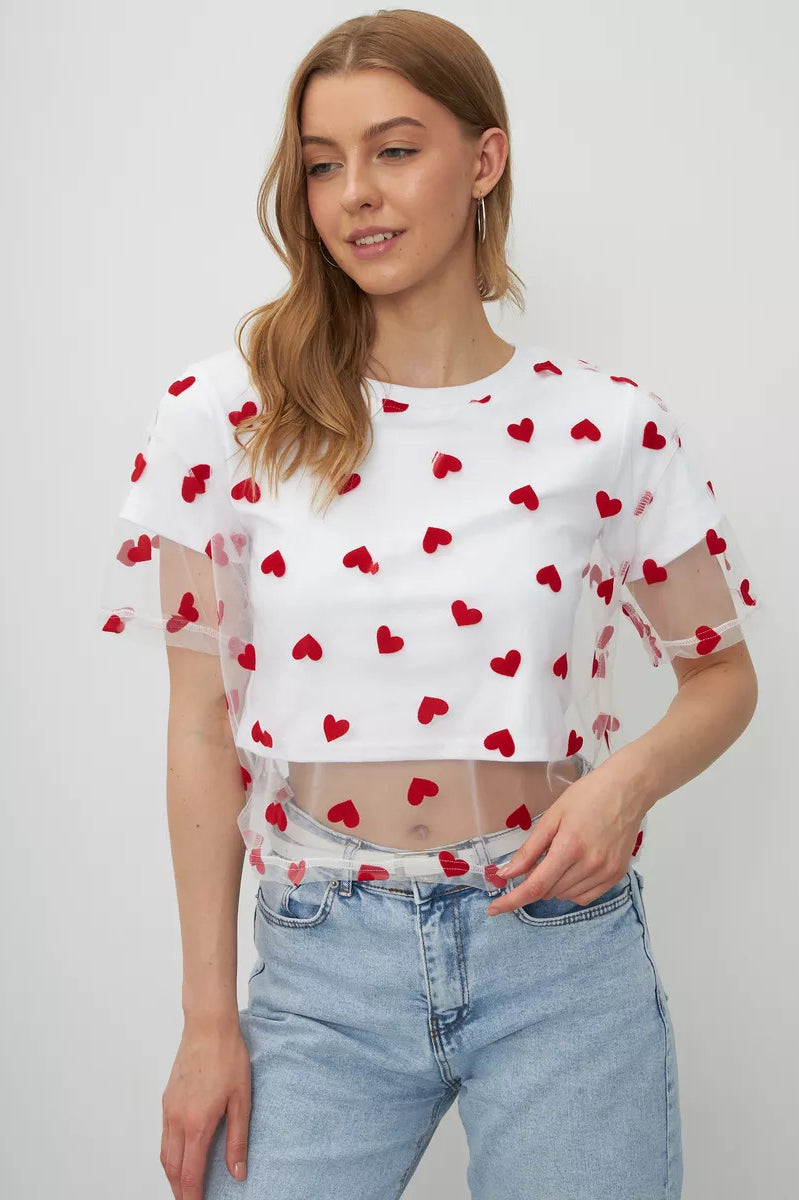 Elegant Faux Two Piece Cotton Short Top in white mesh with red heart pattern, a trendy fashion choice