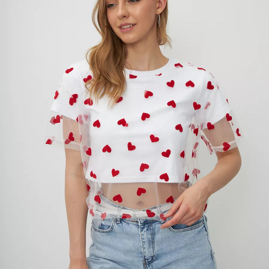 Elegant Faux Two Piece Cotton Short Top in white mesh with red heart pattern, a trendy fashion choice