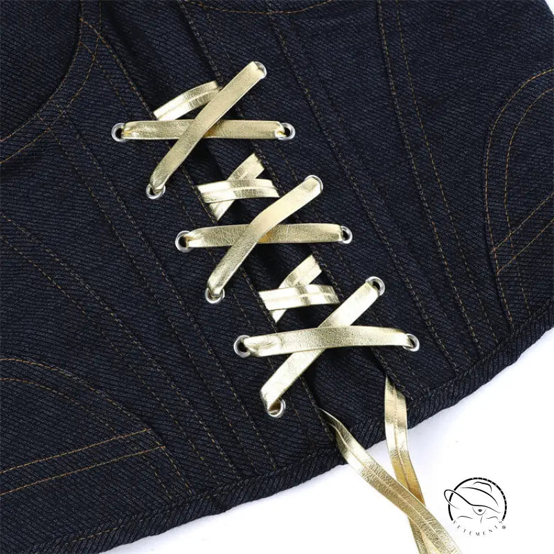 Langry black denim corset with gold laces, steel ring cup, fashion ملابس