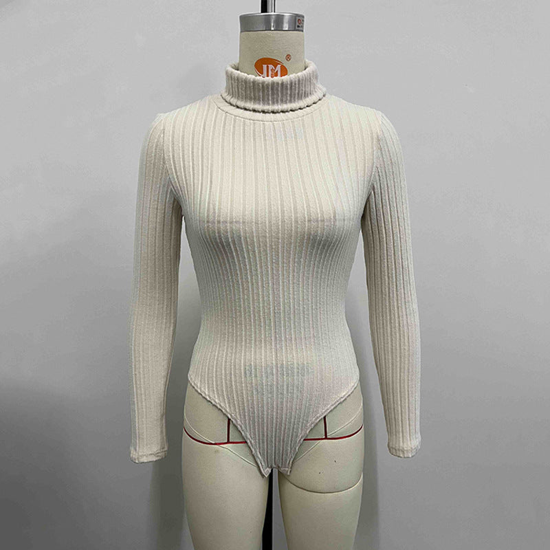 Cream ribbed long sleeve turtleneck bodysuit in slim fit fashion