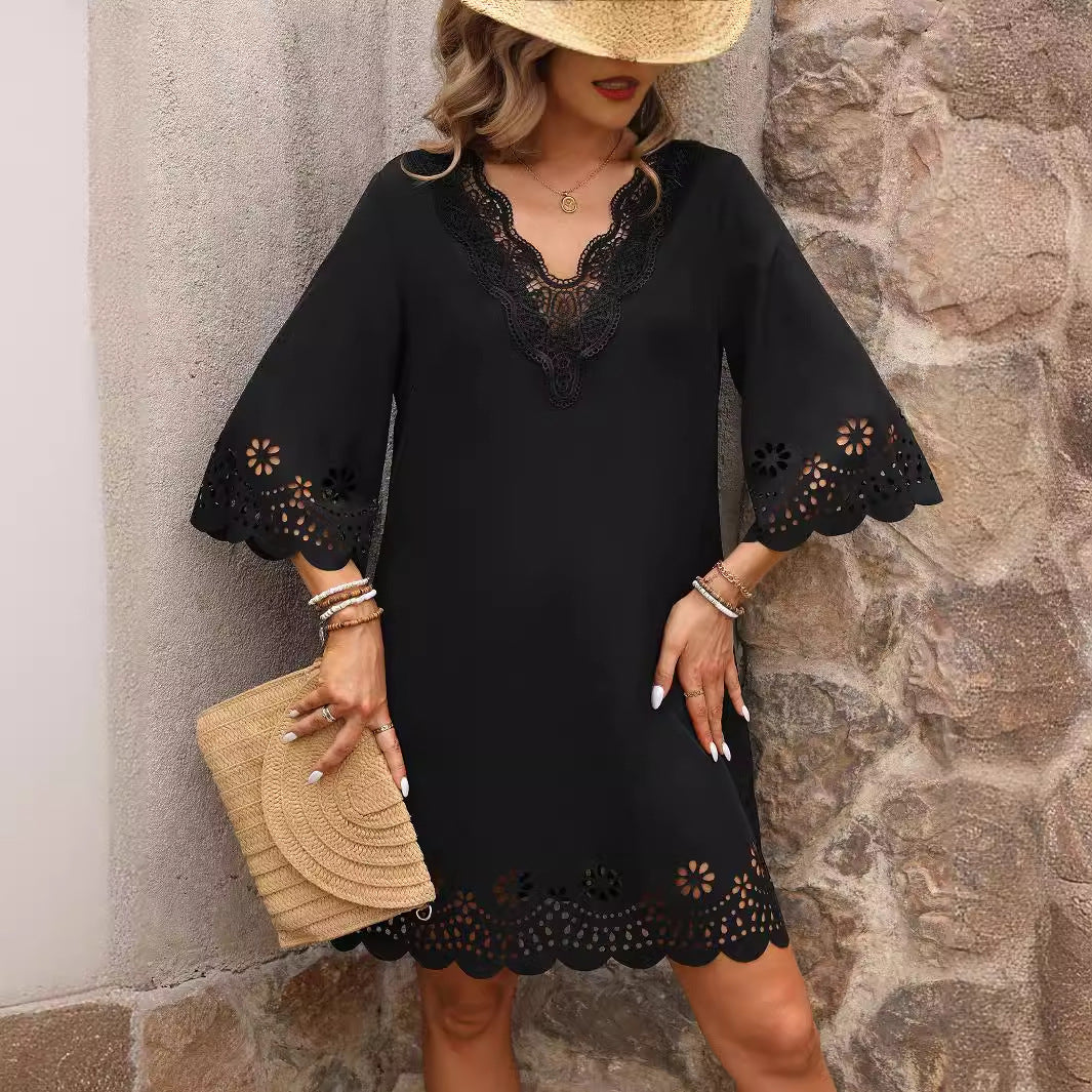 Summer Lady Lace V-neck Hollow out Cutout Dress