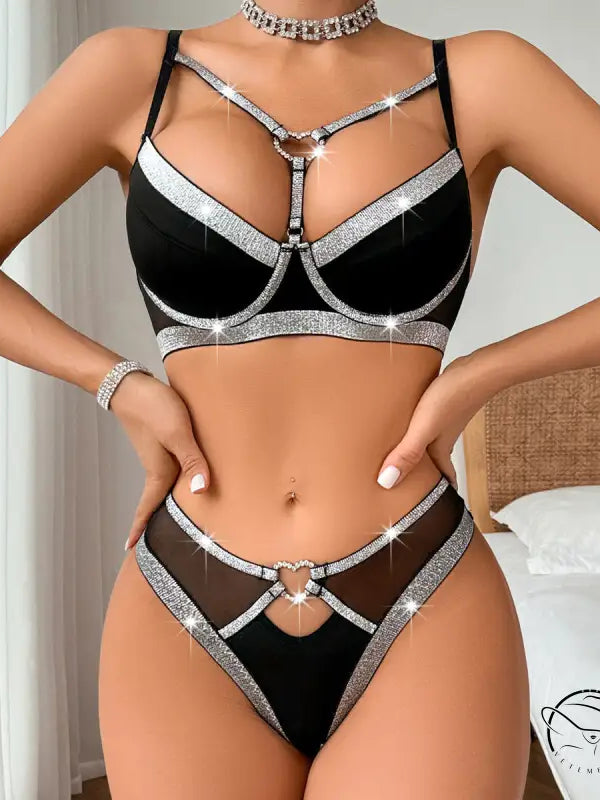 Black and silver rhinestone bra set with love ring buckle hearts