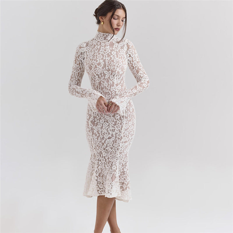 Elegant white lace midi dress from the French Lace Dress collection for fashionable ملابس