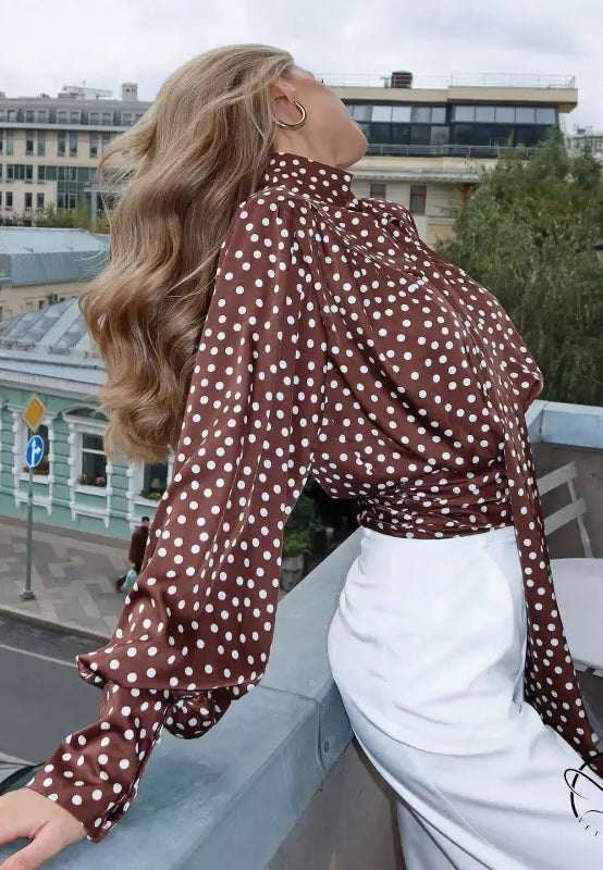 Elegance Polka Dot Shirt: brown long-sleeve fashion blouse