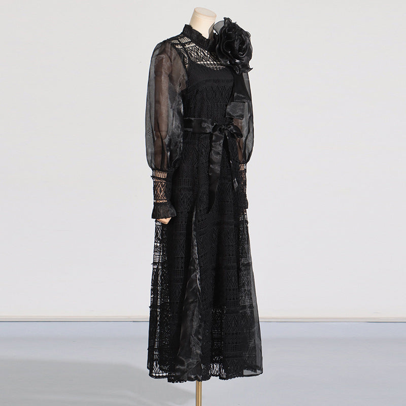 Elegant black lace dress with lantern sleeves and floral embellishments for women