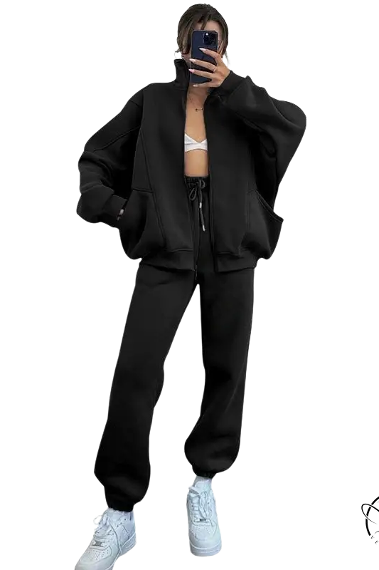 Comfy stand collar cardigan sweater suit in black oversized hoodie and joggers