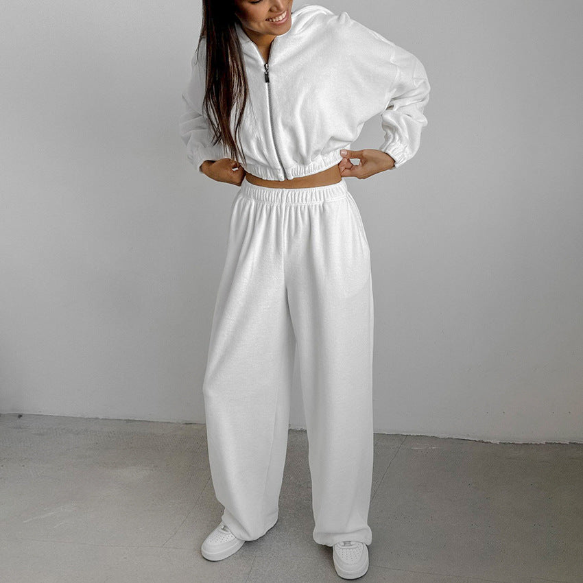 Langry fashion white cropped bomber jacket and wide-leg pants set