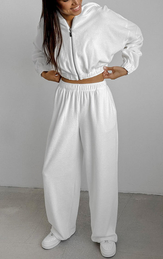 Langry fashion ملابس: white cropped bomber jacket with wide-leg pants