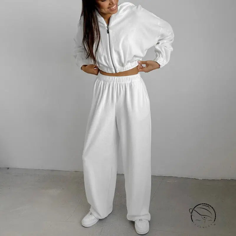 Langry fashion white cropped bomber jacket with wide-leg pants set