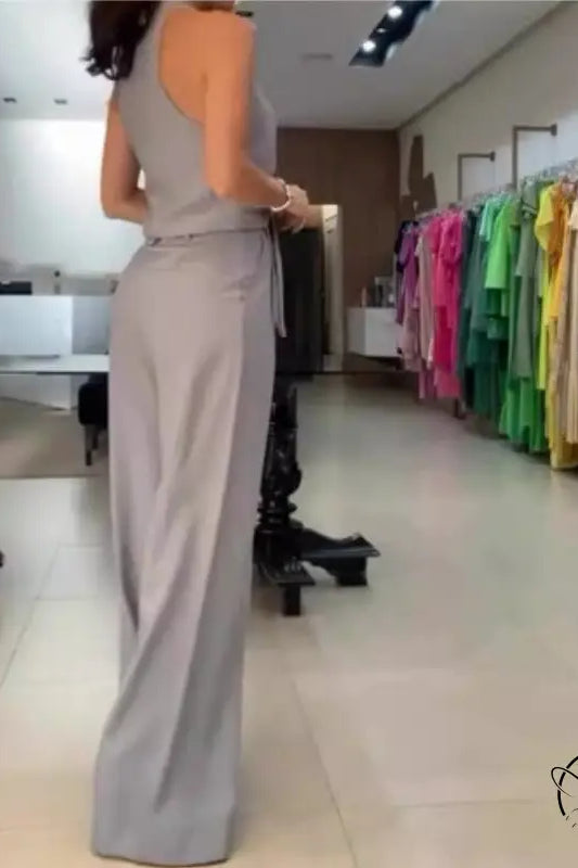 Gray halter-neck jumpsuit in elegant office jumpsuit set