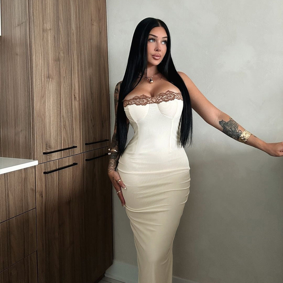 Form-fitting cream dress with lace trim showcasing elegant fashion and ملابس style