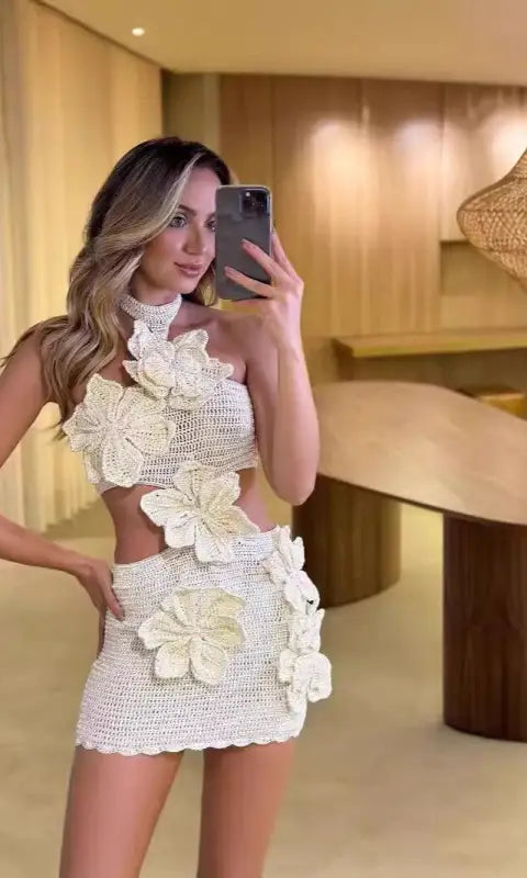 Beach holiday halter floral dress in white with appliques and cutouts