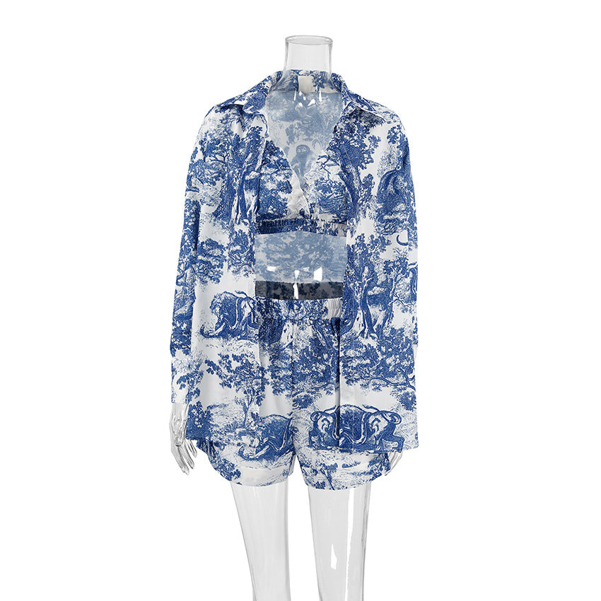 Blue and white toile print three-piece home wear set with long-sleeve shirt and shorts