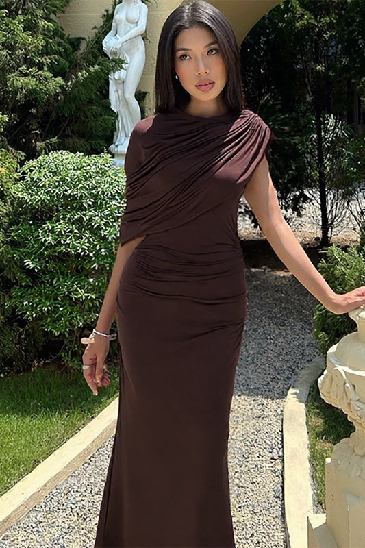 Enchanting design skinny sheath pleated dress in brown draped gown