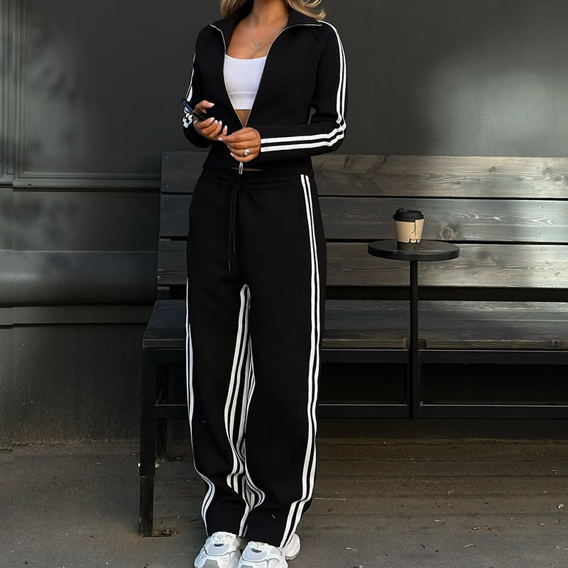 Black long sleeve tracksuit with white stripes, casual sports two-piece fashion set
