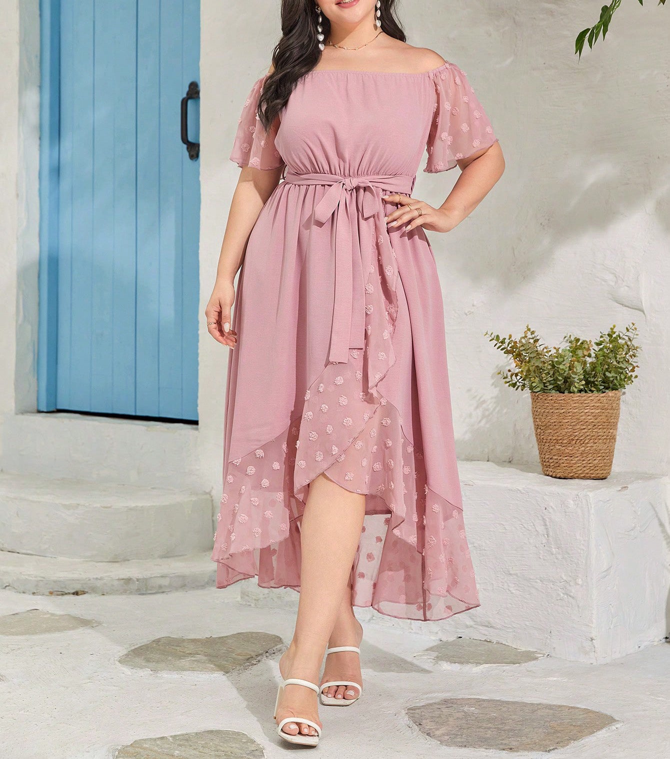 Beautiful off Shoulder Dress in dusty pink with sheer polka dot flutter sleeves for elegant fashion