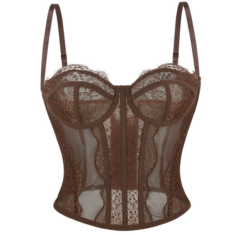 Brown lace langry camisole top with floral patterns and adjustable straps