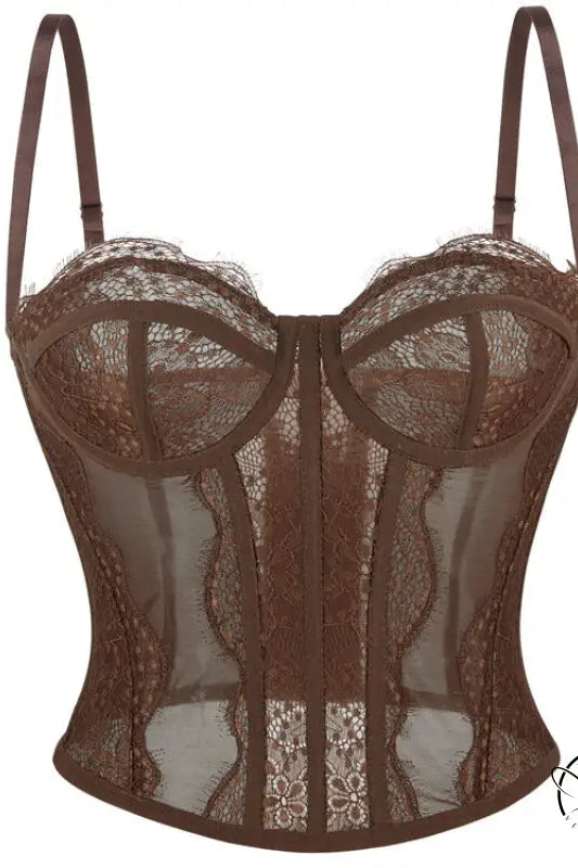 Brown lace langry camisole top with floral patterns and adjustable straps