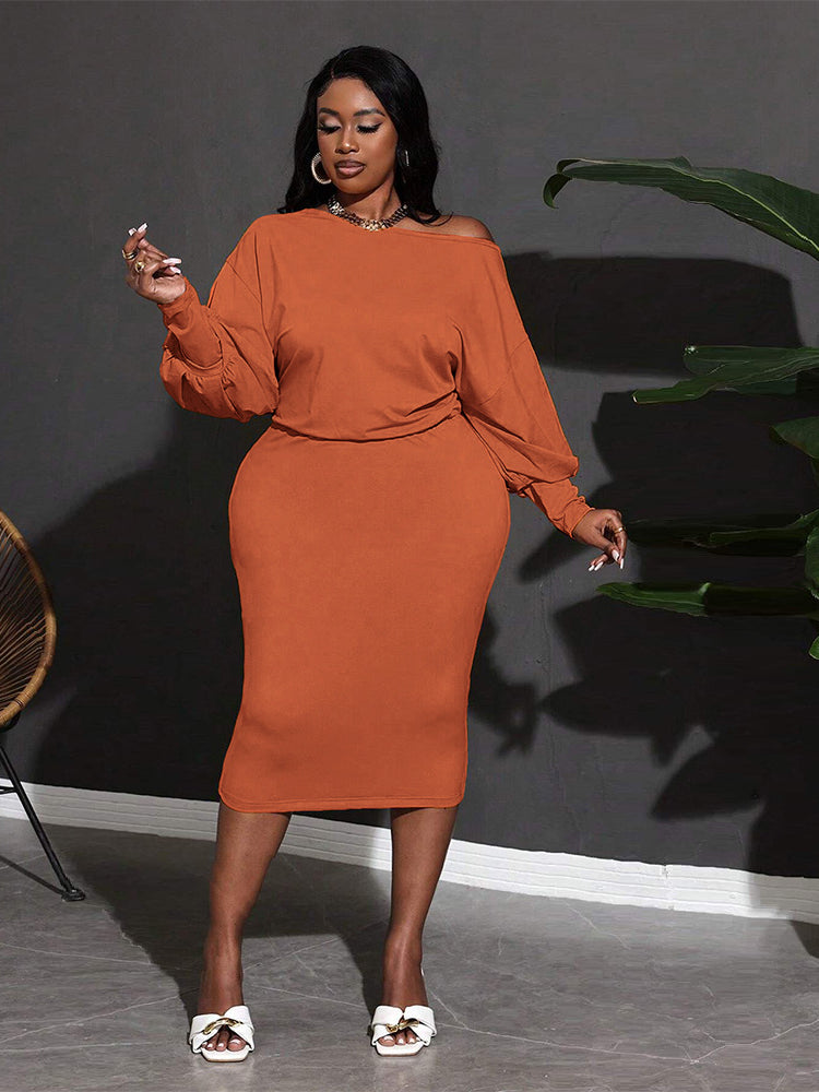 Rust-colored long-sleeved Classic Mid Length Dress showcasing elegant fashion ملابس