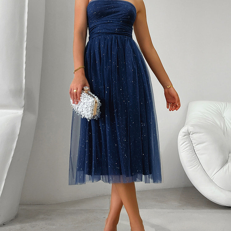 Strapless navy blue tulle cocktail dress with sparkly details for elegant fashion ملابس