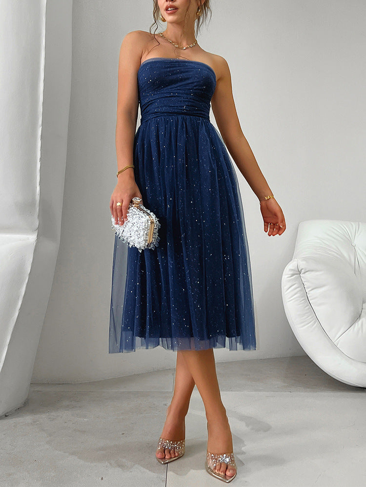 Strapless navy blue tulle cocktail dress with sparkly details for elegant fashion ملابس