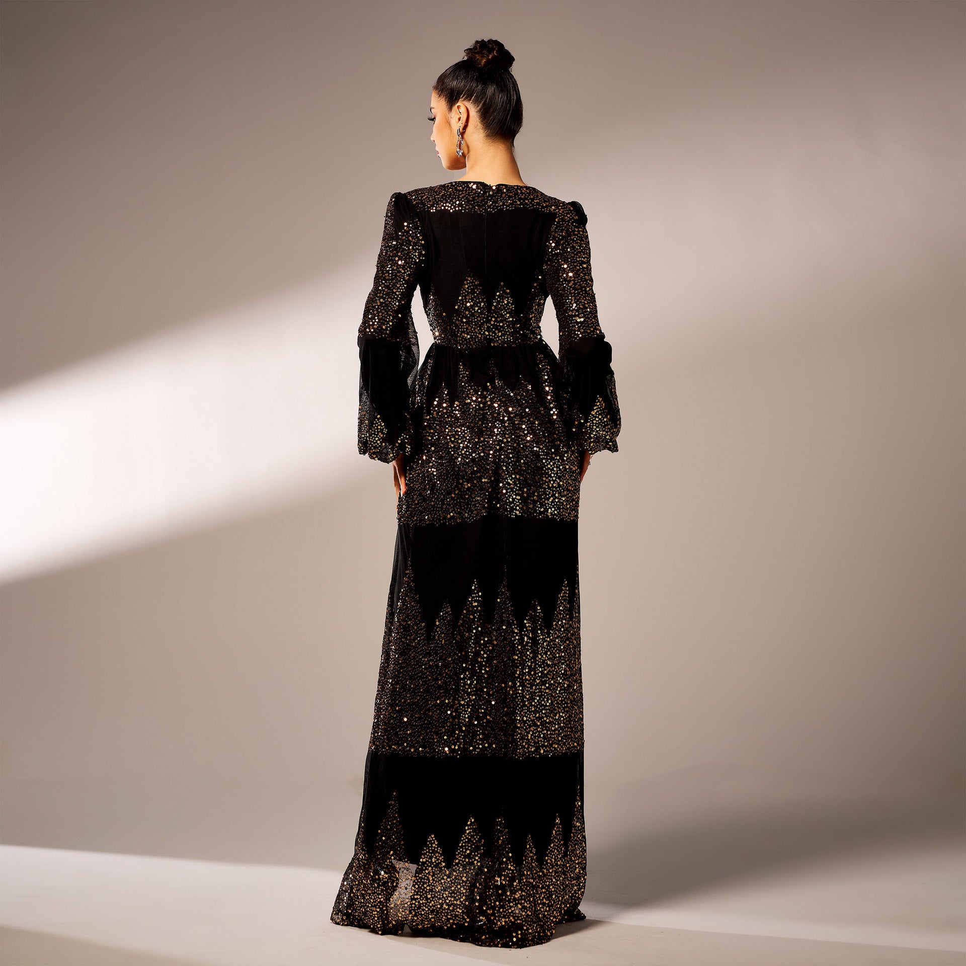 Elegant black and gold sequined gown in High End Elegant Evening Dress by Langry Fashion ملابس