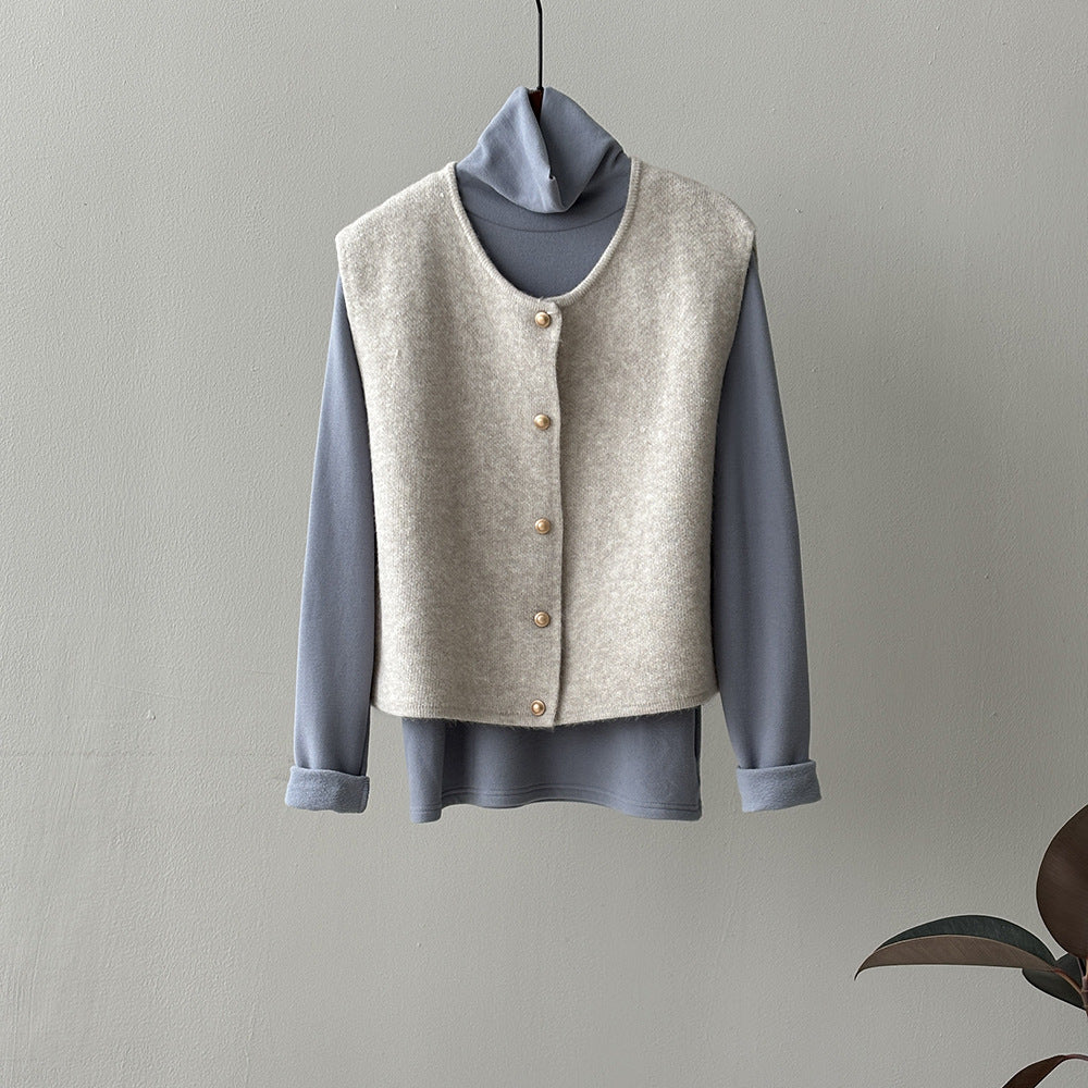 Beige button-up vest over blue turtleneck in fashionable Langry ملابس outfit