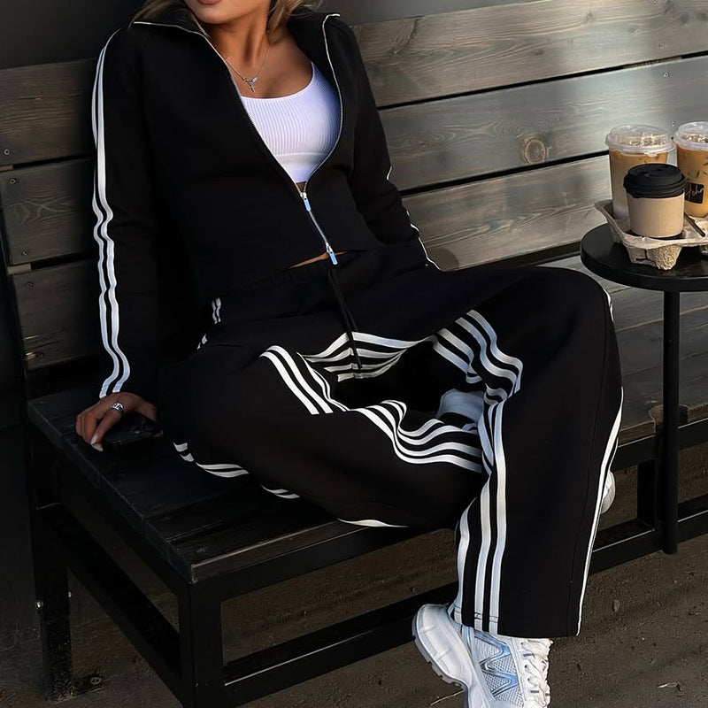 Black adidas long sleeve tracksuit with white stripes, casual fashion set