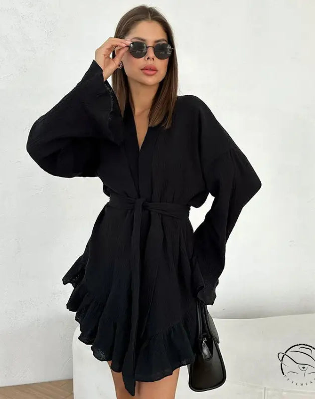 Black long-sleeved mini dress with tie-waist and ruffled hem in loose shorts ruffled pajamas
