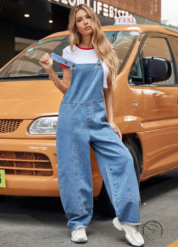 Casual denim jumpsuit with wide-leg overalls