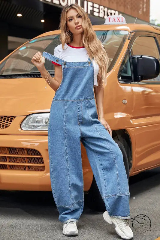 Casual denim jumpsuit with wide-leg overalls