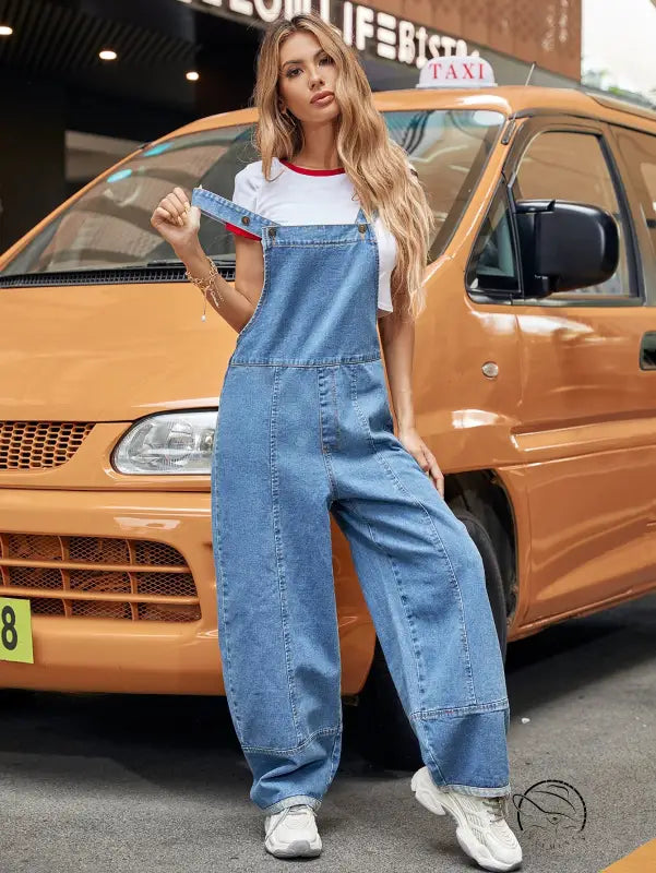 Casual denim jumpsuit with wide-leg overalls