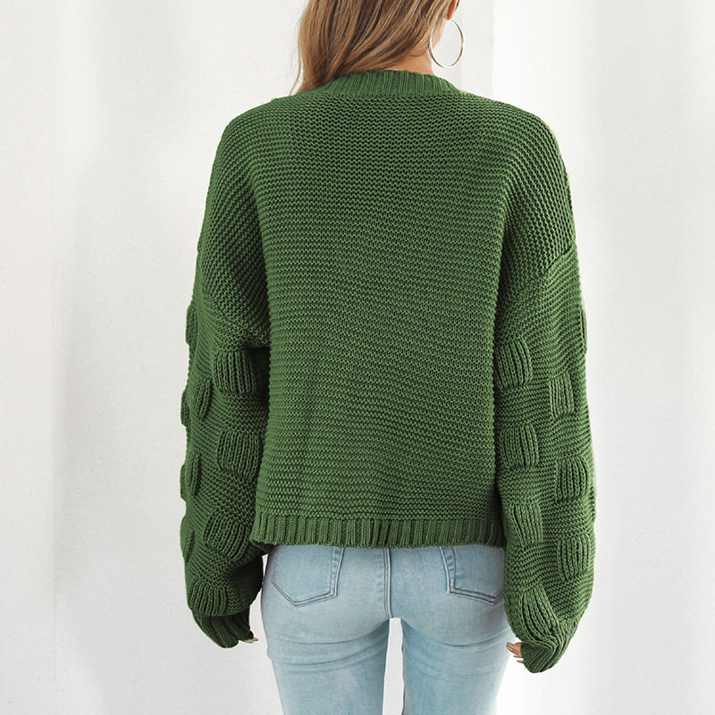 Green knit sweater with textured regular sleeves from Casual Retro Knitted Cardigan Sweater collection