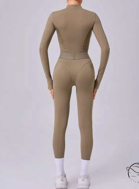 Olive-green comfy mesh stitching fitness one piece by Langry fashion