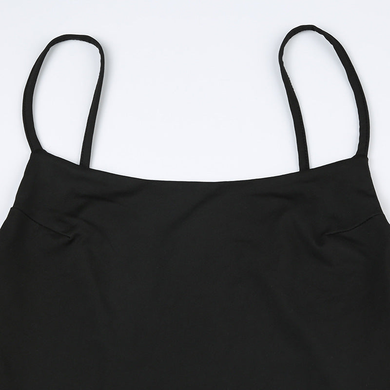Black tank top with spaghetti straps featuring a cutout square collar and asymmetric design