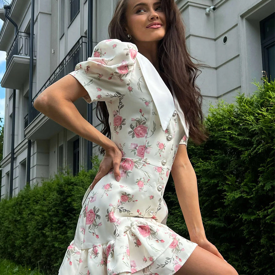 French v Neck Puff Sleeve Short Ruffled Dress