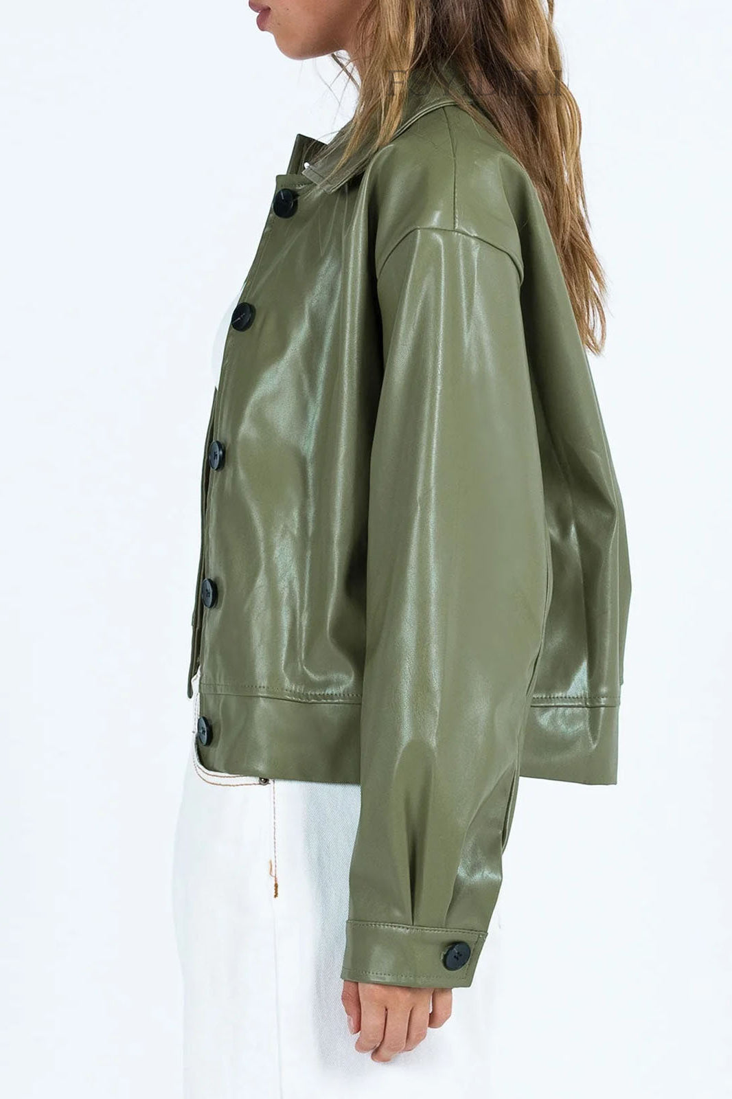 Langry loose faux leather jacket in olive green with black buttons and pockets
