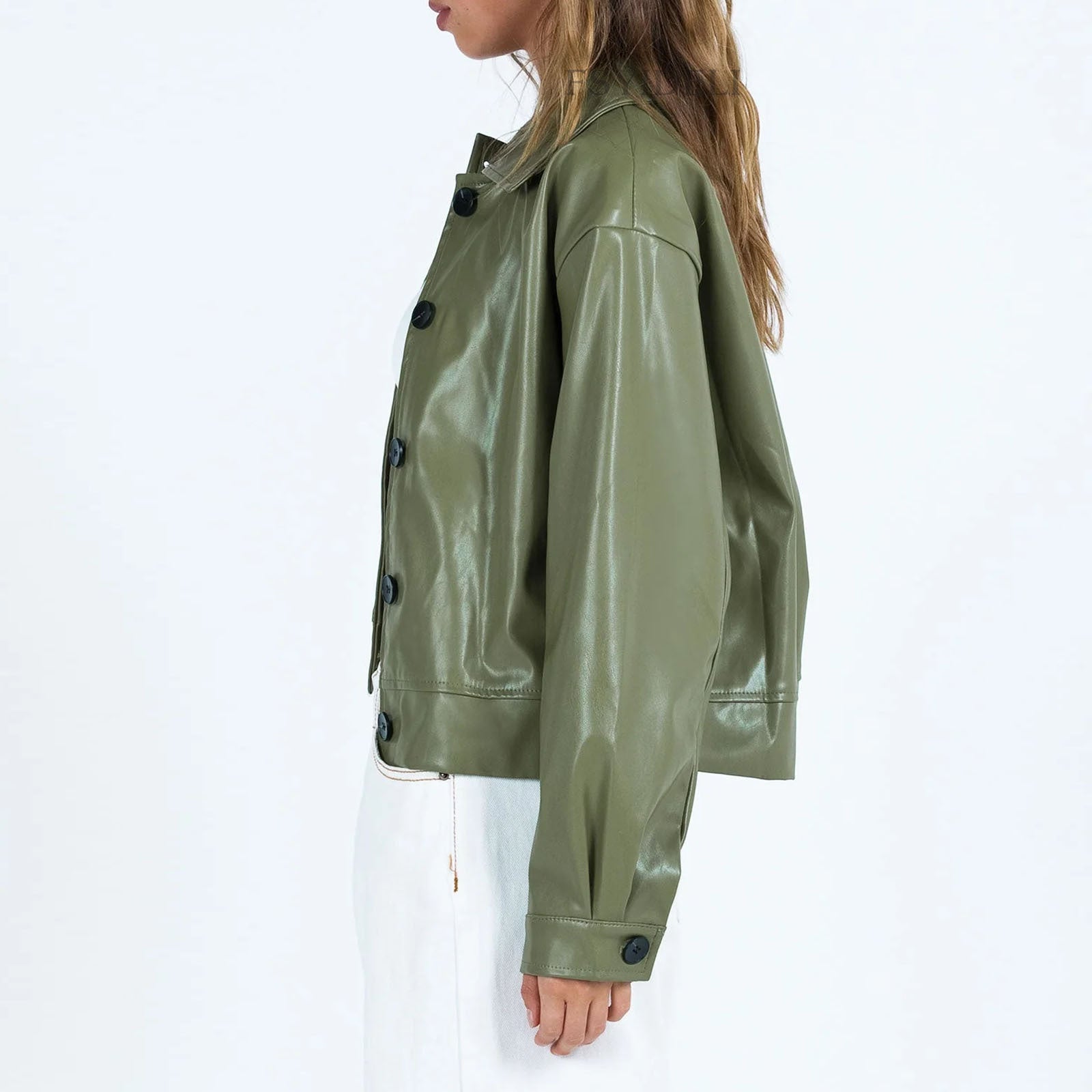 Langry loose faux leather jacket in olive green with black buttons and pockets
