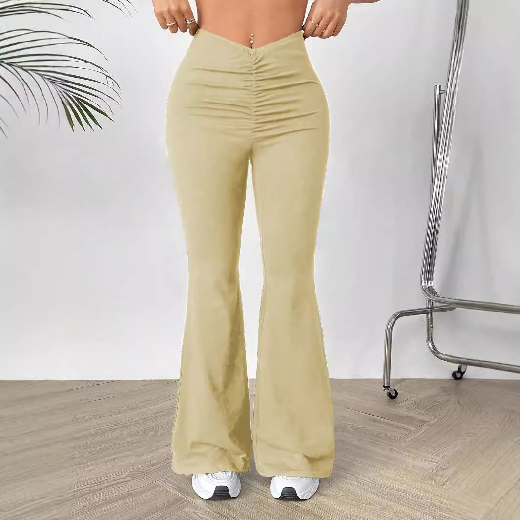 Women’s beige high-waisted slimming bootcut trousers with V-shaped waist design