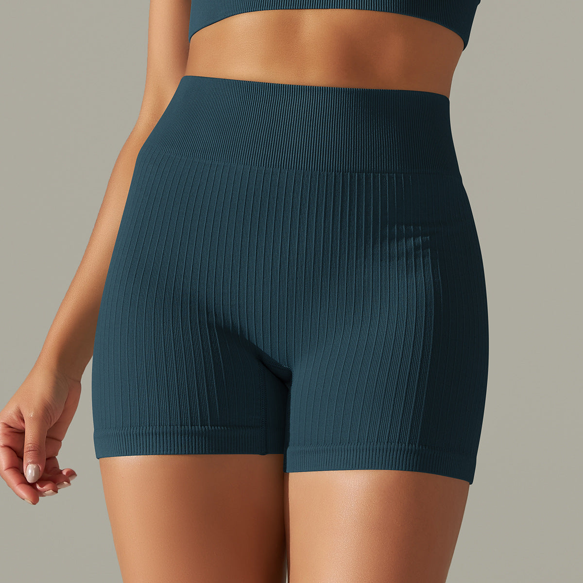 Seamless striped peach teal athletic shorts with peach hip raise and high waist design