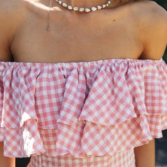 Elegant Plaid Off-shoulder Ruffled Collar Dress