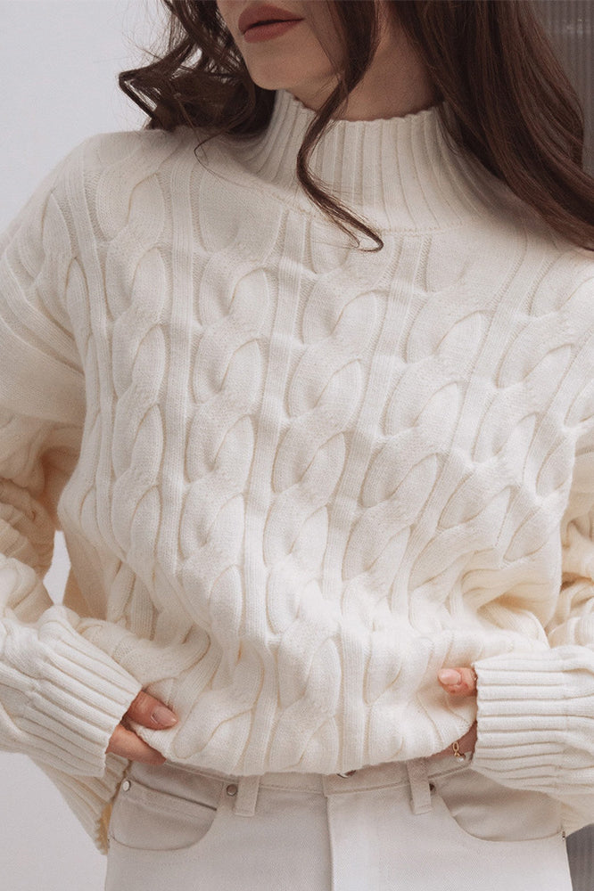 Langry fashion cream cable knit sweater with high neck and ribbed cuffs
