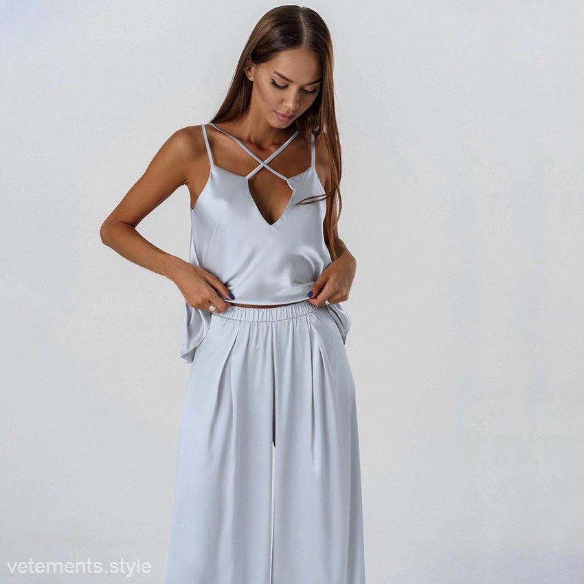 Silky blue two-piece outfit from Silk Cool Pajamas, showcasing sexy cool comfortable pajamas