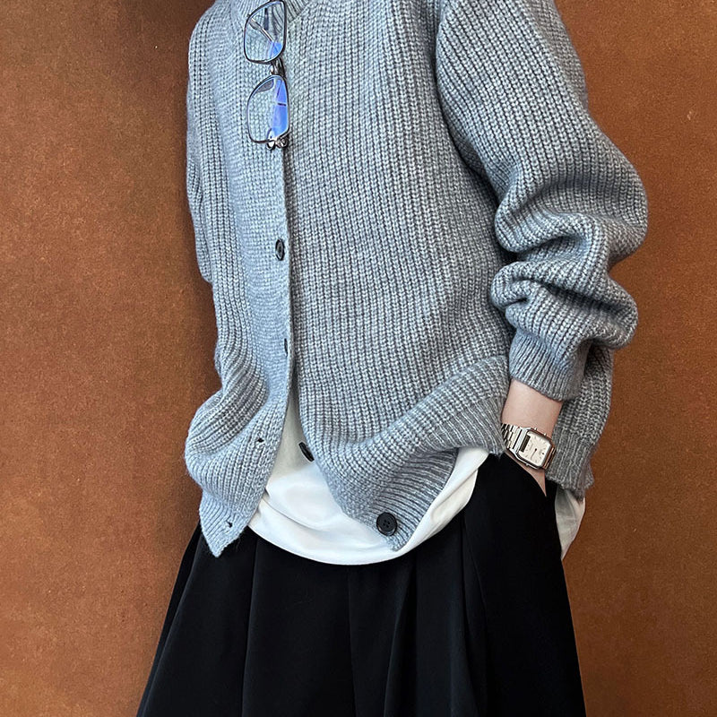 Gray knit cardigan with regular sleeves from the Chic Cardigan Sweater fashion collection